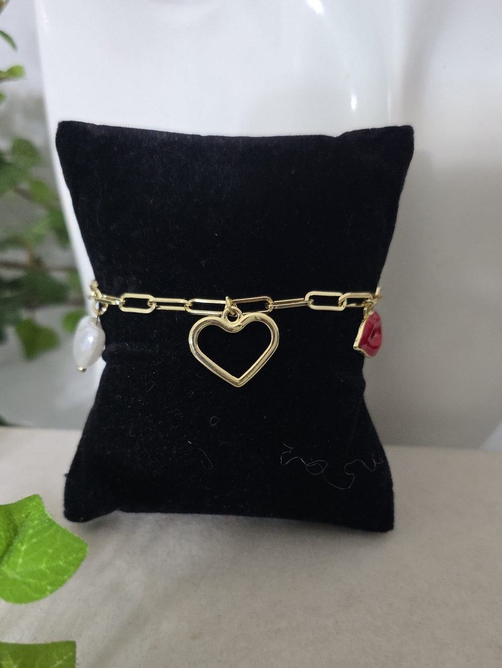 Gold Filled Paperclip Chain Multi Charm Bracelet Heart Lips Bow Pearl